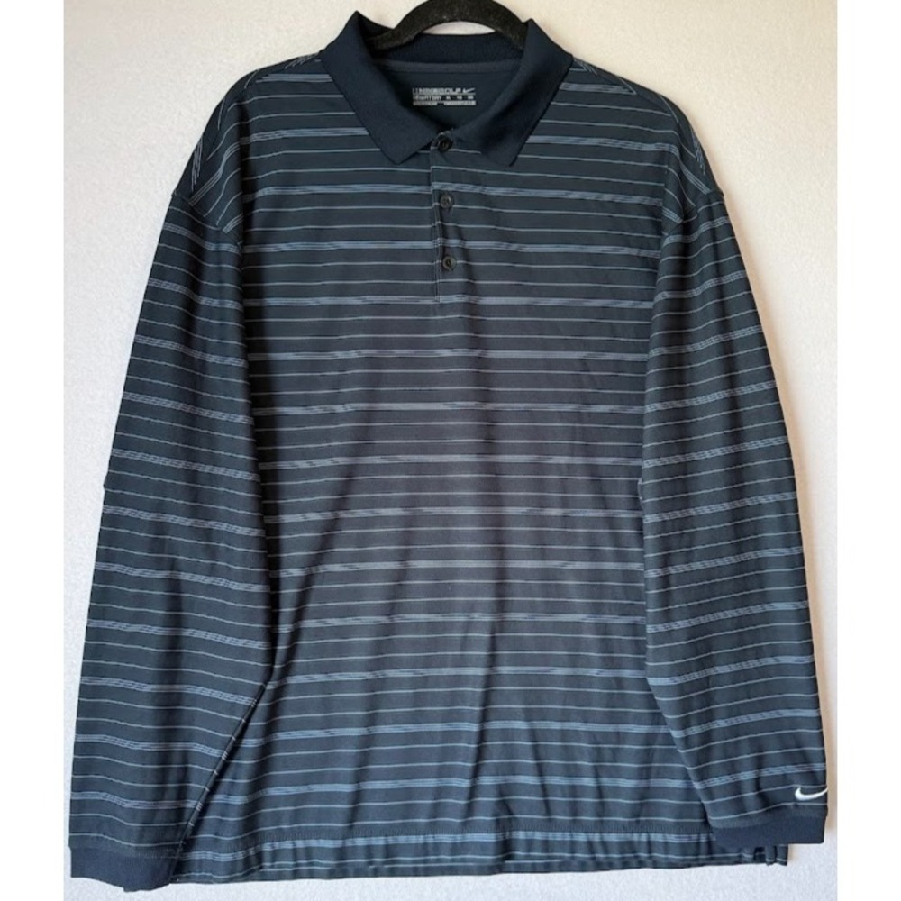 Nike Golf Dri Fit Polo Shirt Men XL Dark Blue Striped Long Sleeve Performance